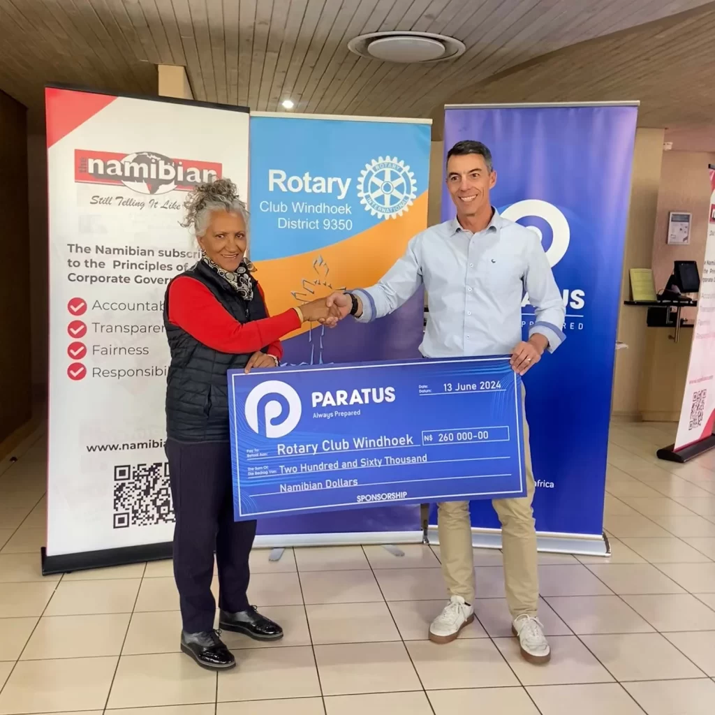 Paratus Namibia sponsorship handover
(L to R)  Shareen Thude (Rotary Club Windhoek),  Ian Grassow (Paratus Namibia Sales Manager)