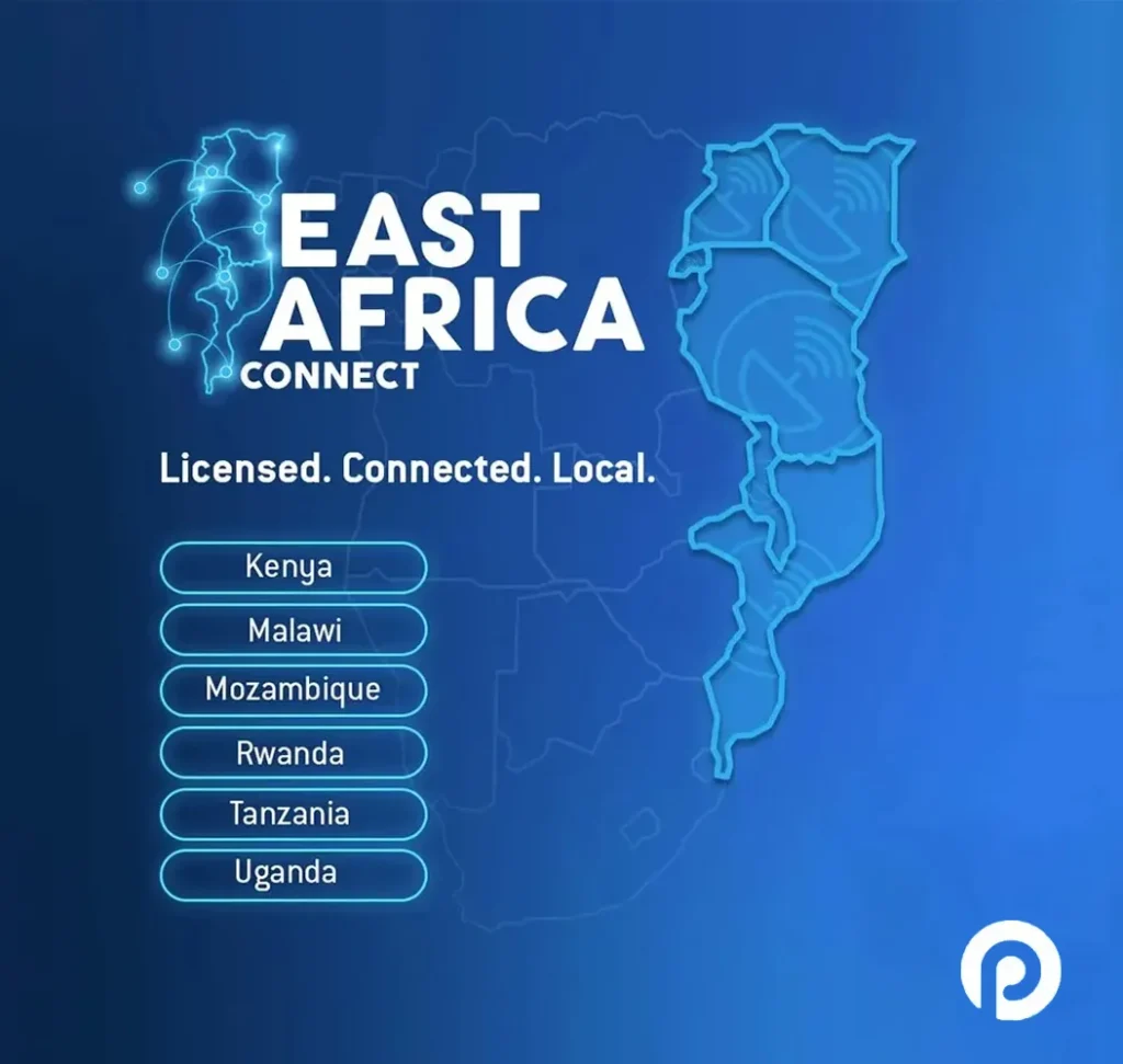 An image showing which countries are licensed in East Africa by Paratus, including Kenya, Malawi, Mozambique, Rwanda, Tanzania, and Uganda.