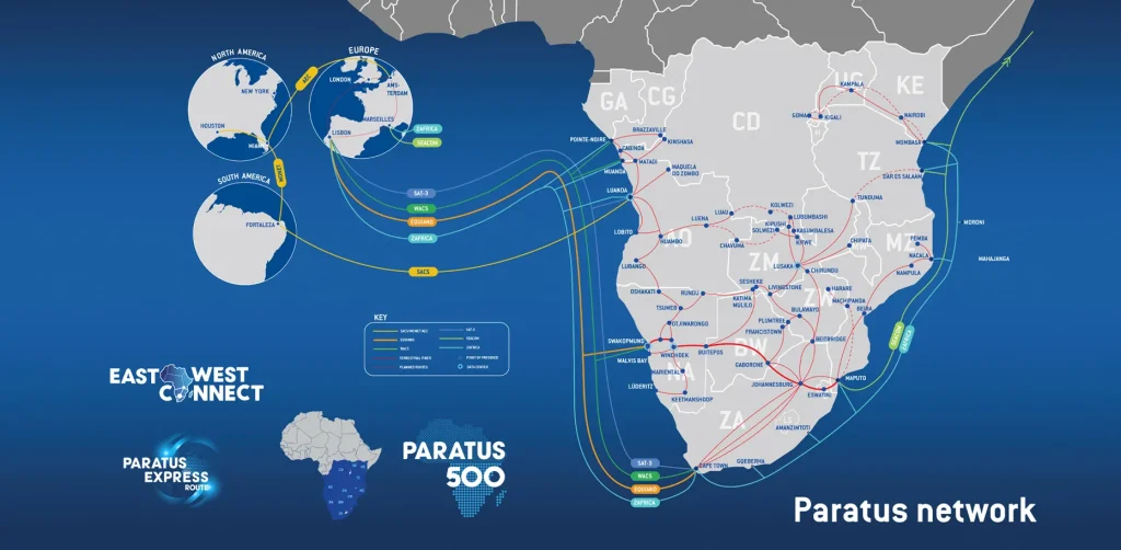 Une carte illustrant la couverture du réseau Internet de Paratus Africa