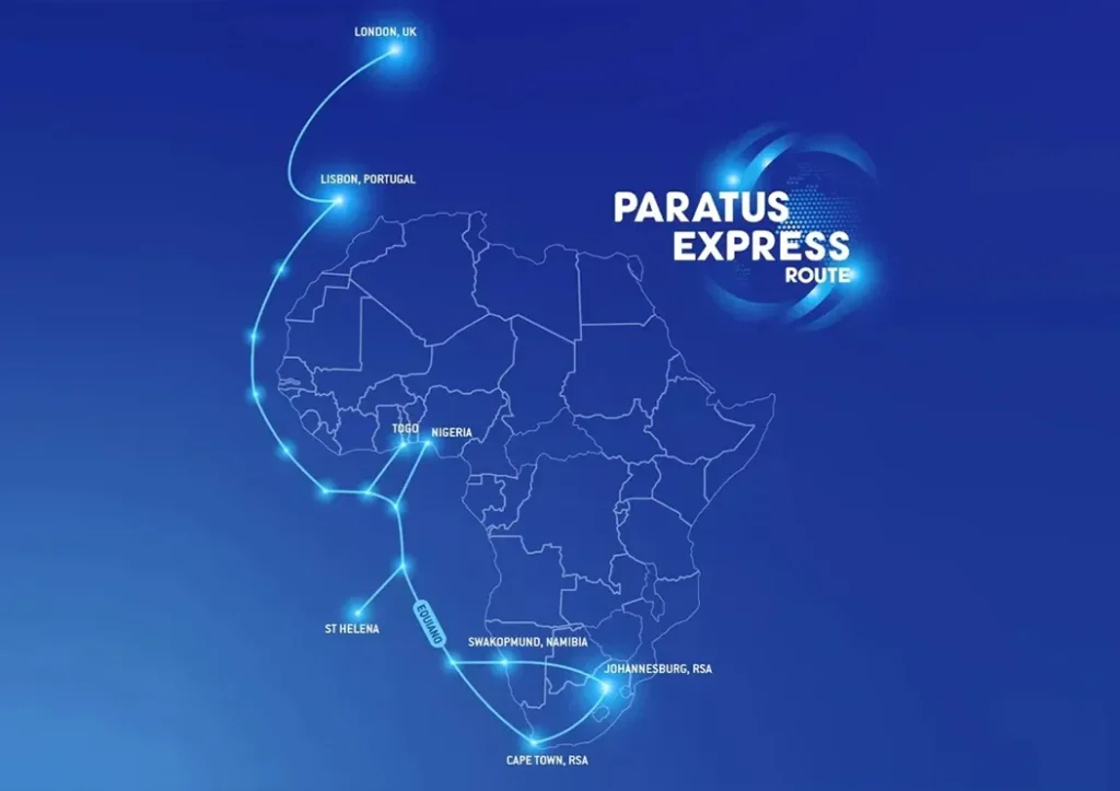 A map showing you the internet connectivity route of Paratus' Express Route.