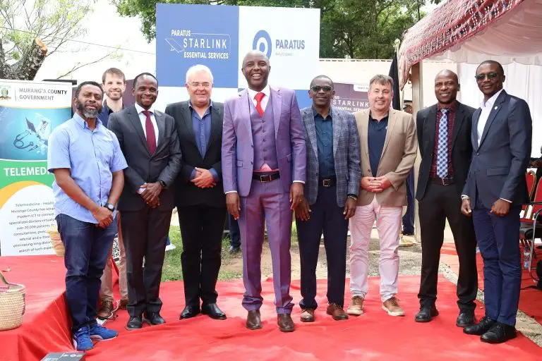 Attending the official launch: (left to right) Said Alli - Managing Director, Paratus Tanzania; Dr. Katana - US Embassy Representative; Barney Harmse - Chief Development Officer, Paratus Group; Dr.Gov Irungu Kangata – Governor, Murang’a County; Joseph Kibwott - Managing Director, Paratus Kenya; Martin Cox - Chief Commercial Officer, Paratus Group; Ivan Busulwa – APHRC; Edwin Kyambadde - Managing Director, Paratus Uganda.